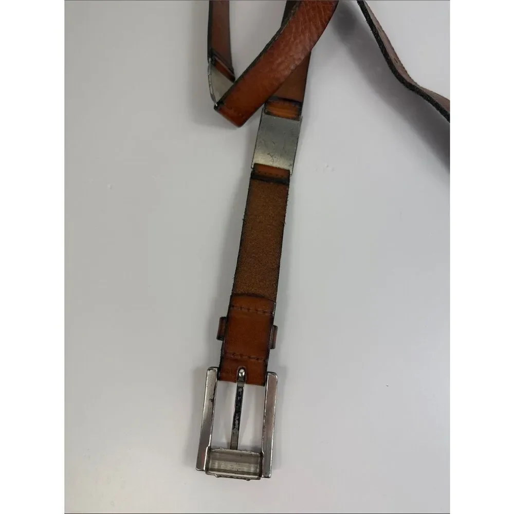 Vintage Brown Leather Belt Ornate Silver Buckle Metal Accents Size S/M